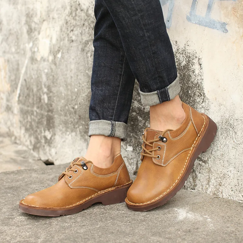 US 6-10 Classical Lace Up Men Leather Casual Work Shoes Big Round Toe Comfortable Oxfords Male Spring Four Seasons