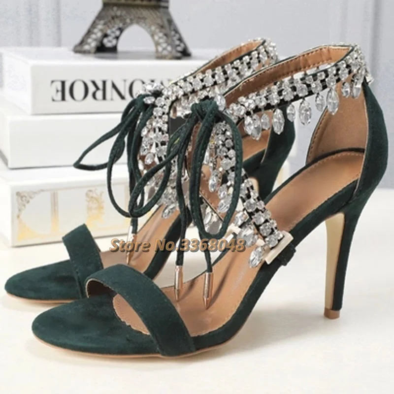 

Женские босоножки со стразами на шнуровке, летние блестящие босоножки с кисточками, Женская Классическая обувь на тонком каблуке с завязкой для вечеринки