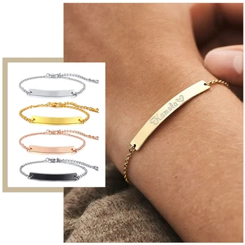 Elegante personalisierte ID-Bar-Armbänder für Frauen, 5 mm dünne Edelstahl-Gliederkette, individuelle Namenszitate, BFF-Armband, Geschenkschmuck