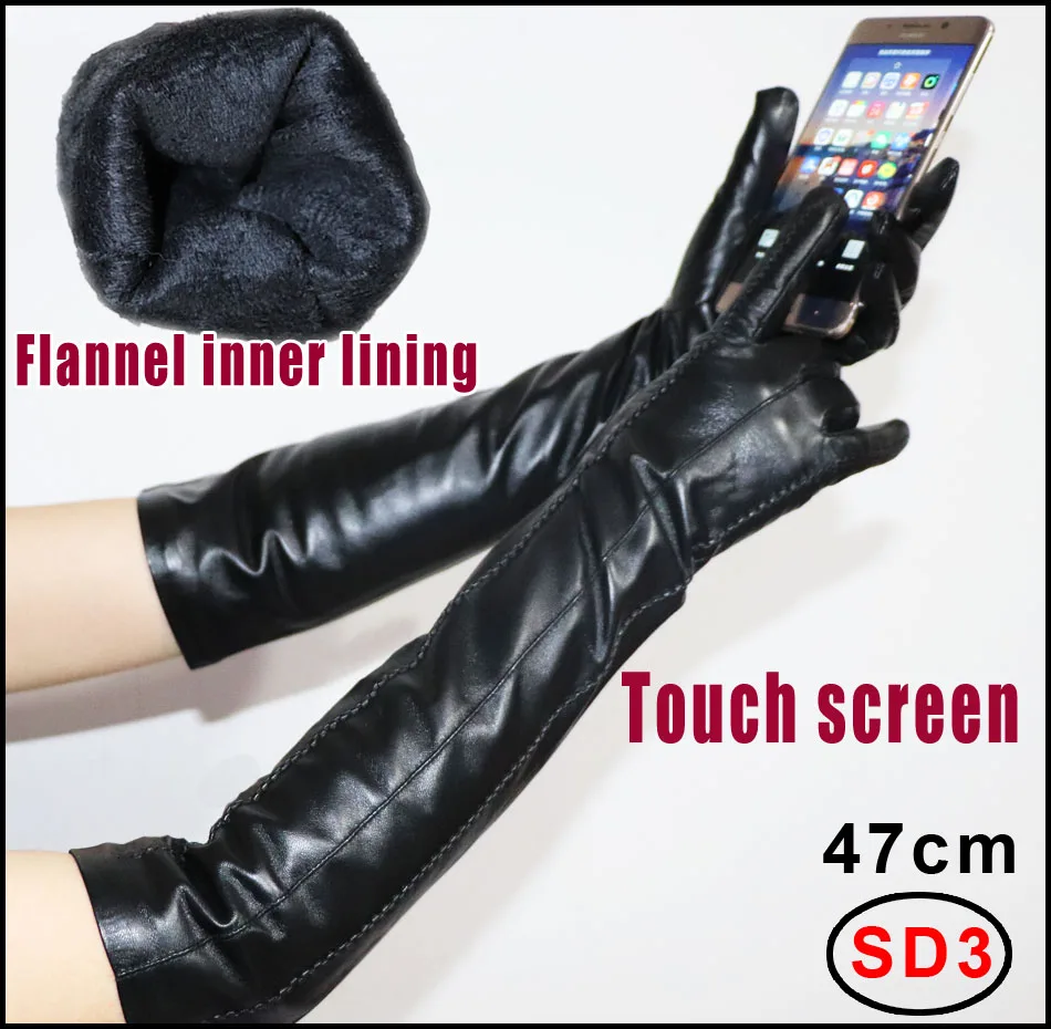 Longs gants en cuir véritable peau de mouton moyen long femmes manches en cuir flanelle doublure Automne Hiver chaud écran tactile fonction gants en