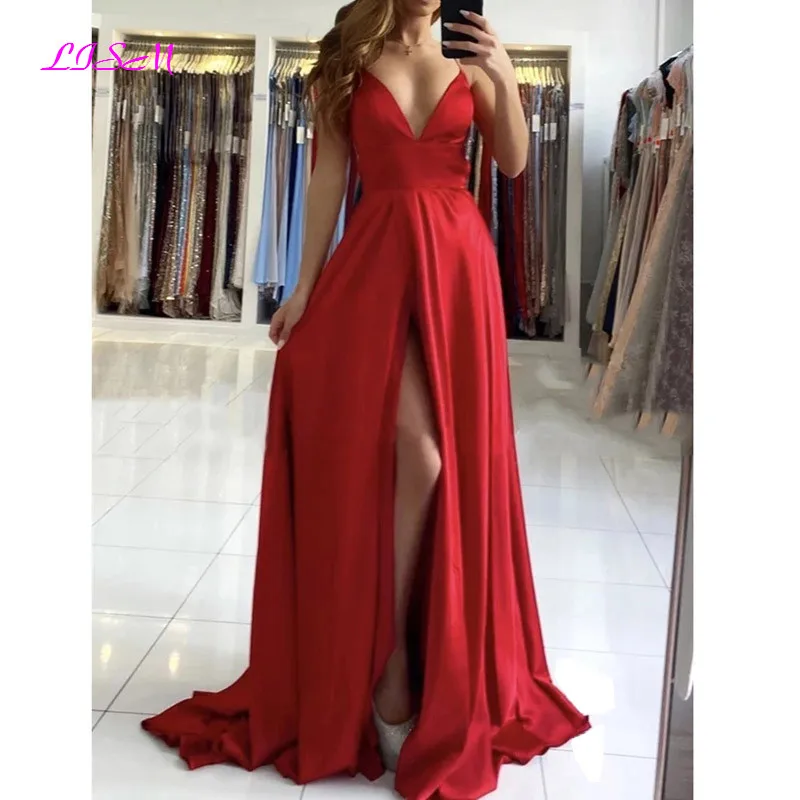 Rode Hoge Split Prom Jurken Elegante A-lijn Avondjurk Sexy Backless Lange Graduation Gowns Formele Jurk