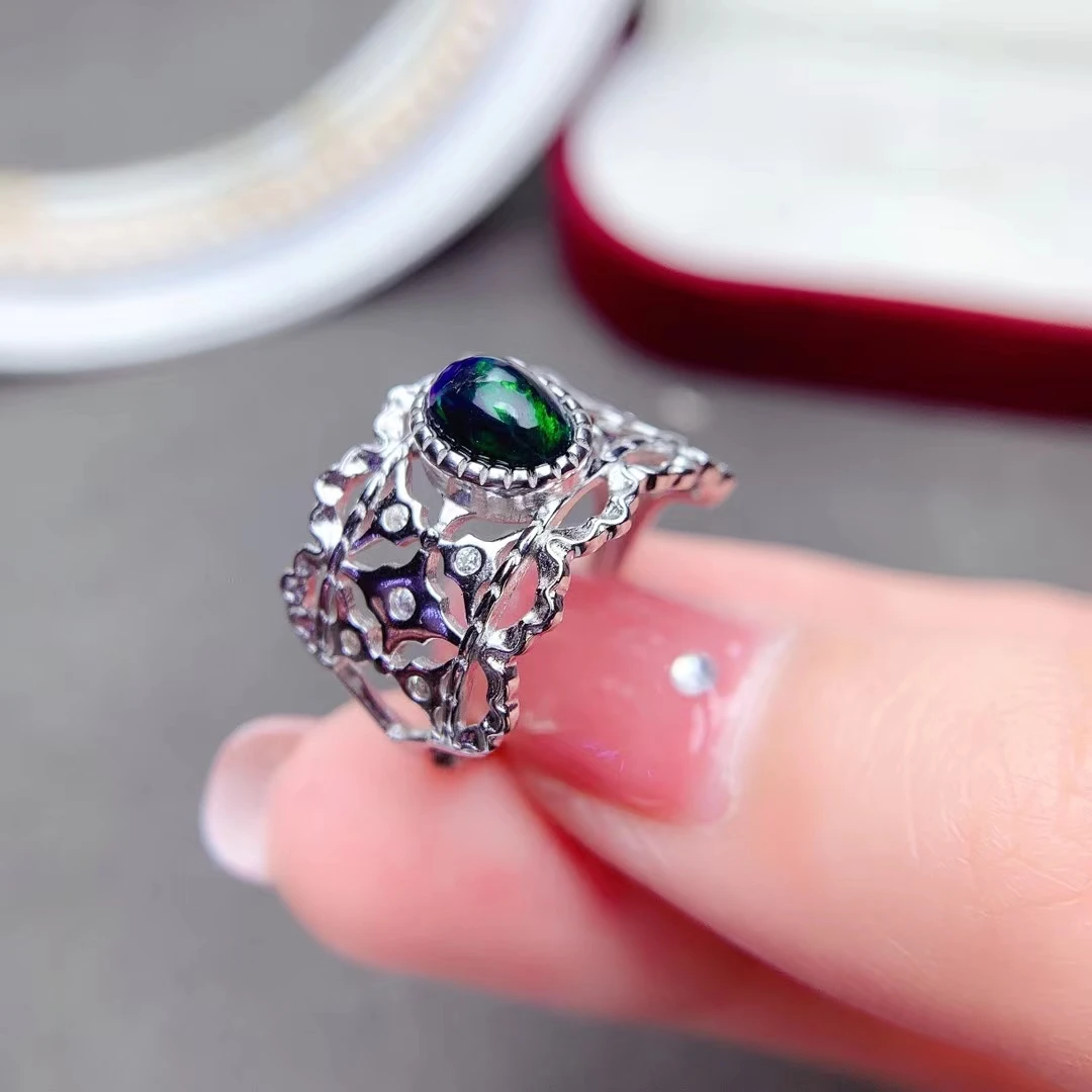 2021 New Natural Black Opal Ring Real 925 Sterling Silver Gold Plated Fine Jewelry Good Colorful Fire Secret Birthstone image 6