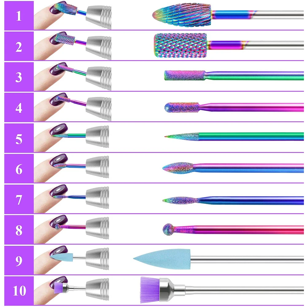 10 in 1 Nail Drill Bits Sets Electric Nail Drill Kit 3/32" Tungsten Carbide Nail Files Manicure Pedicure Set Home Salon Use