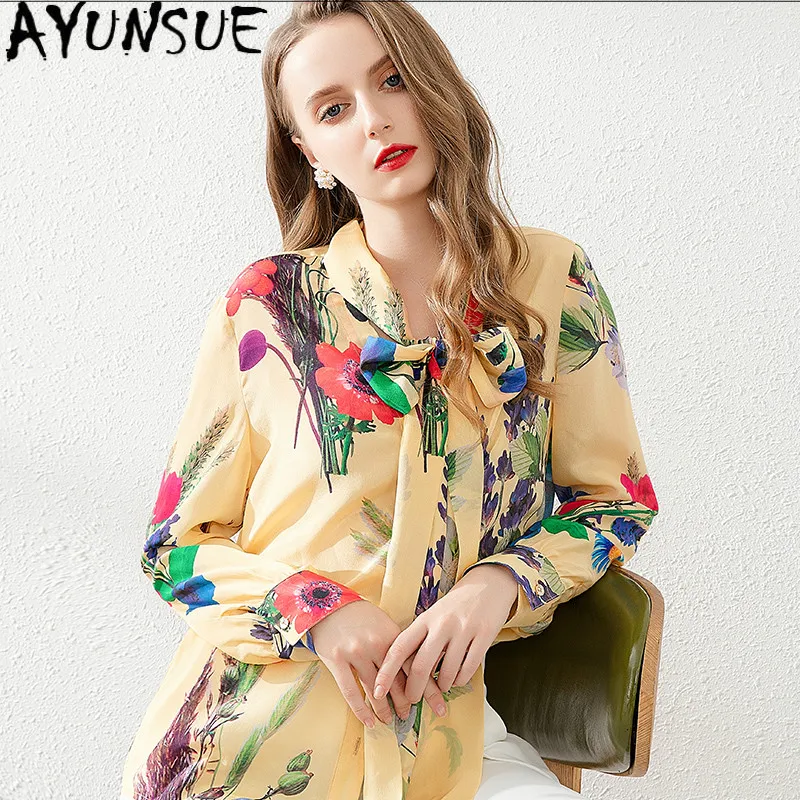 Women's Shirt 100% Silk Vintage Blouse Women Clothes 2020 Ladies Tops Long Sleeve Elegant Shirts Women Blouses ML191006 YY3020