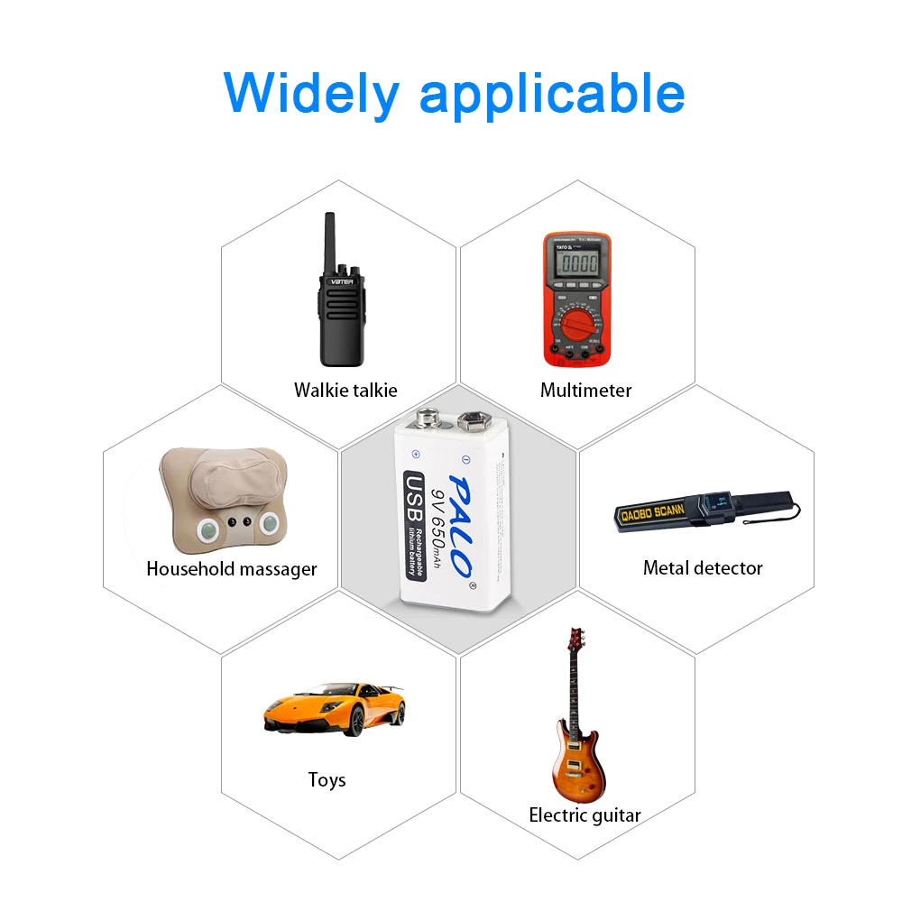PALO 9V USB Lithium Battery 650mAh 6F22 Li-Ion Rechargeable Batteria 9 Volts for Toys Massagers Multimeters Guitar
