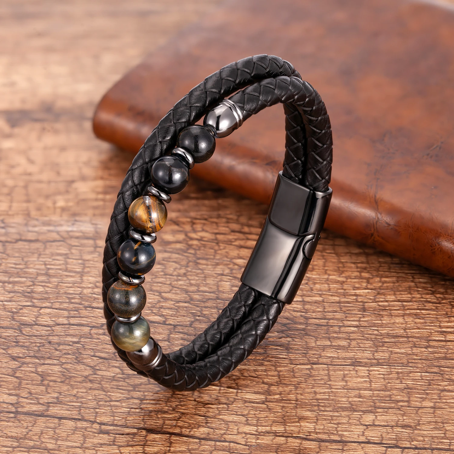Modischer Herrenschmuck, Charm-Armband mit runden Steinen für Männer, bunte Tigerauge-Perlen, schwarze Lederkette, Armreif, Geschenk für Männer – Detail 7