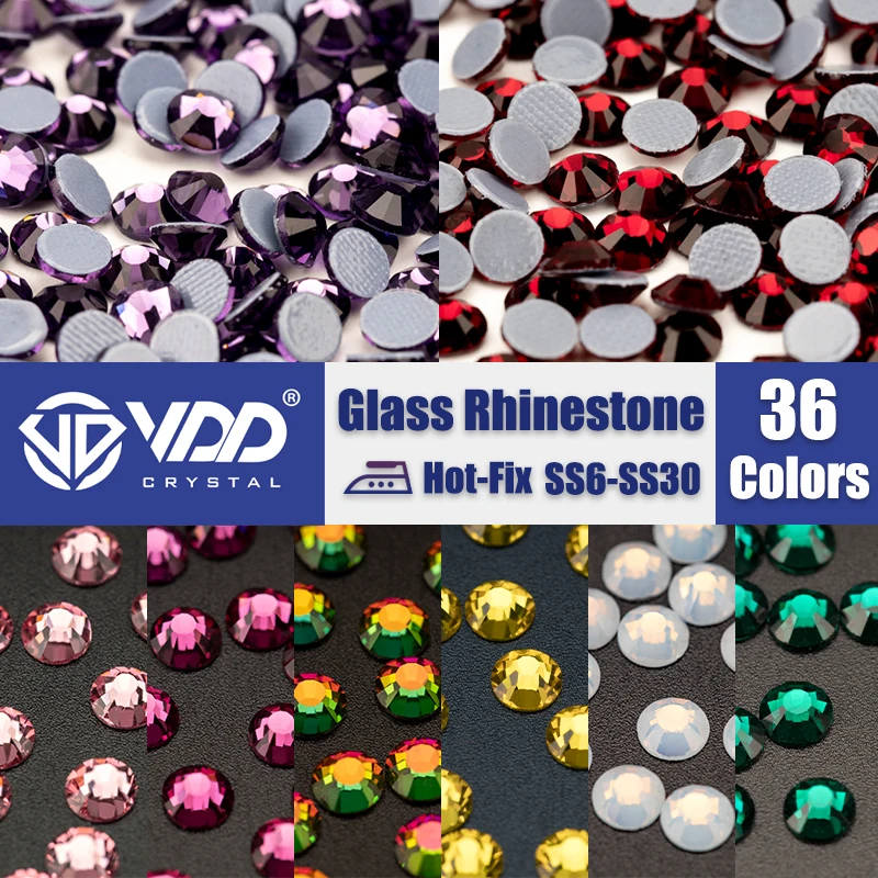 VDD High Quality SS6-SS30 Glass Crystal Strass Hot Fix Rhinestones Glitter Iron on Flatback Stones For Clothing Accessories DIY