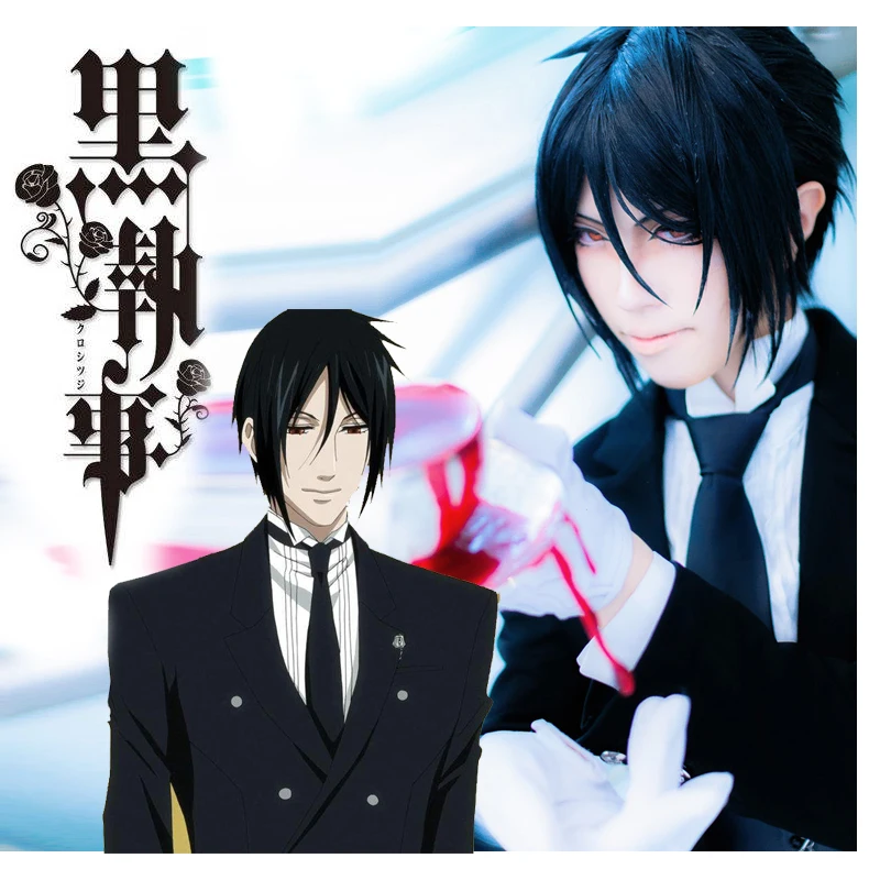 Black Butler kuroshitsuji Sebastian Michaelis Short Black Styled Synthetic Hair Cosplay Wig For Men Halloween Costume + Wig Cap