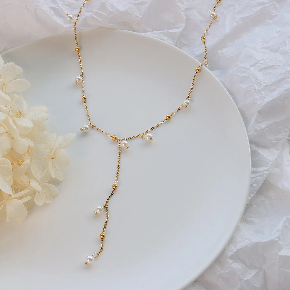 Collier En Y à Double Couche Avec Perles Et Pampille – Or Et Blanc, Réglable 37+5 Cm – Bijou Chic Pour Femme, Mariage Ou Soirée