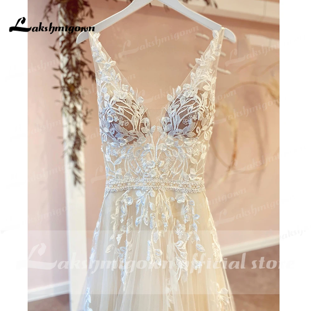 Lakshmigown vestido de casamento com decote em v, apliques de renda, personalizado, boêmio, jardim, linha, tule, costas nuas, boho, praia, vestidos de noiva