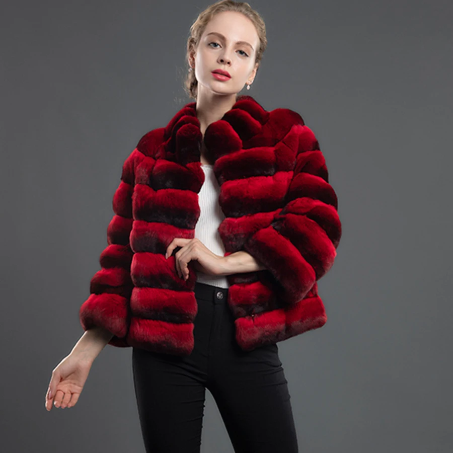 CNEGOVIK Real Rex Rabbit Fur Jacket Warm Fashion Winter Classic Chinchilla Color Cropped Stand Collar Fur Coat