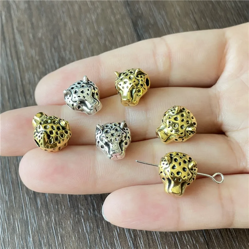 JunKang Zinc Alloy 2 Color Pitted Perforated Leopard Head Spacer Beads DIY Bracelet Animal Amulet Jewelry Handicraft Connector