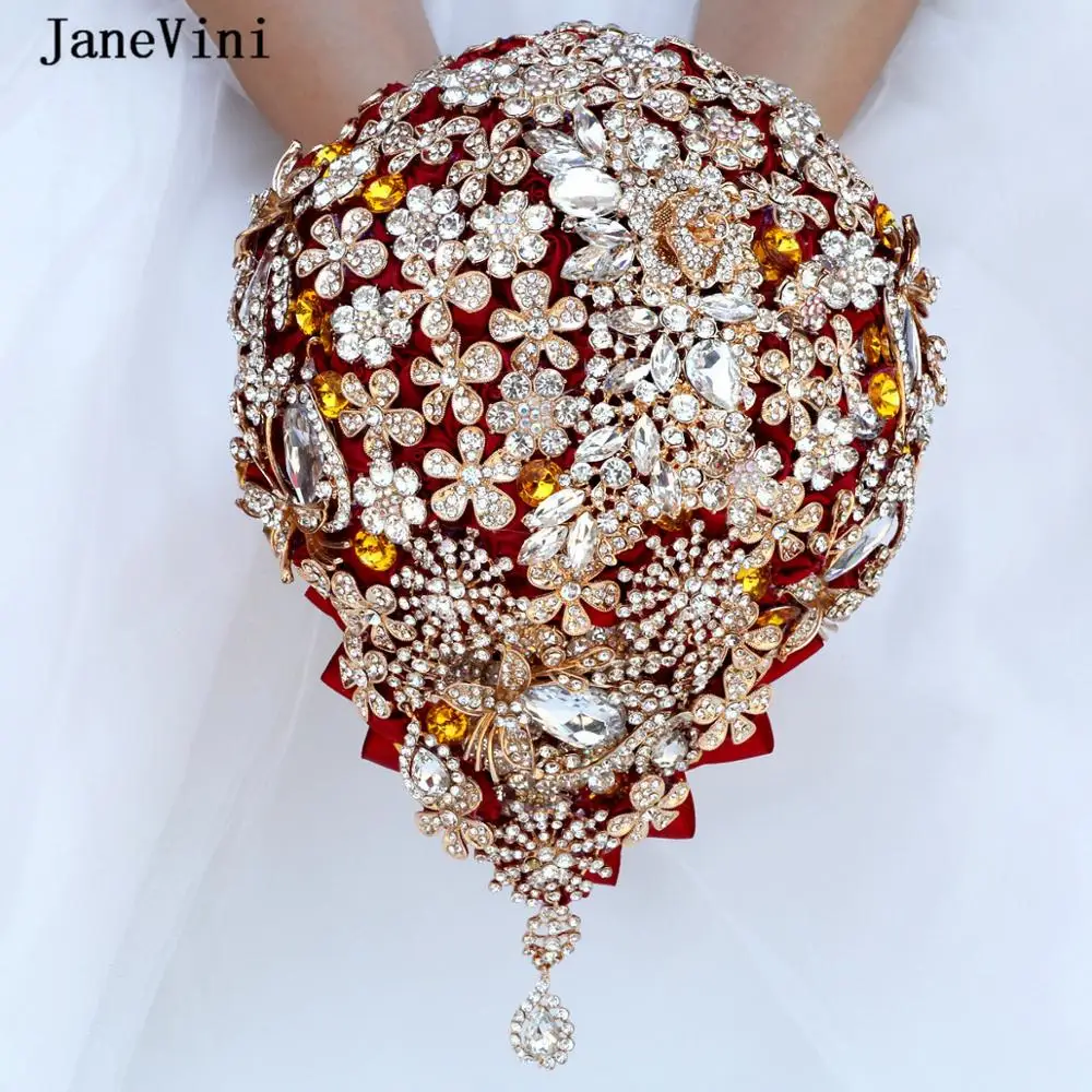 JaneVini 2020 Luxury Waterfall Crystal Burgundy Wedding Bouquet Bling Rhinestone Handmade Satin Roses Flowers Bridal Accessories