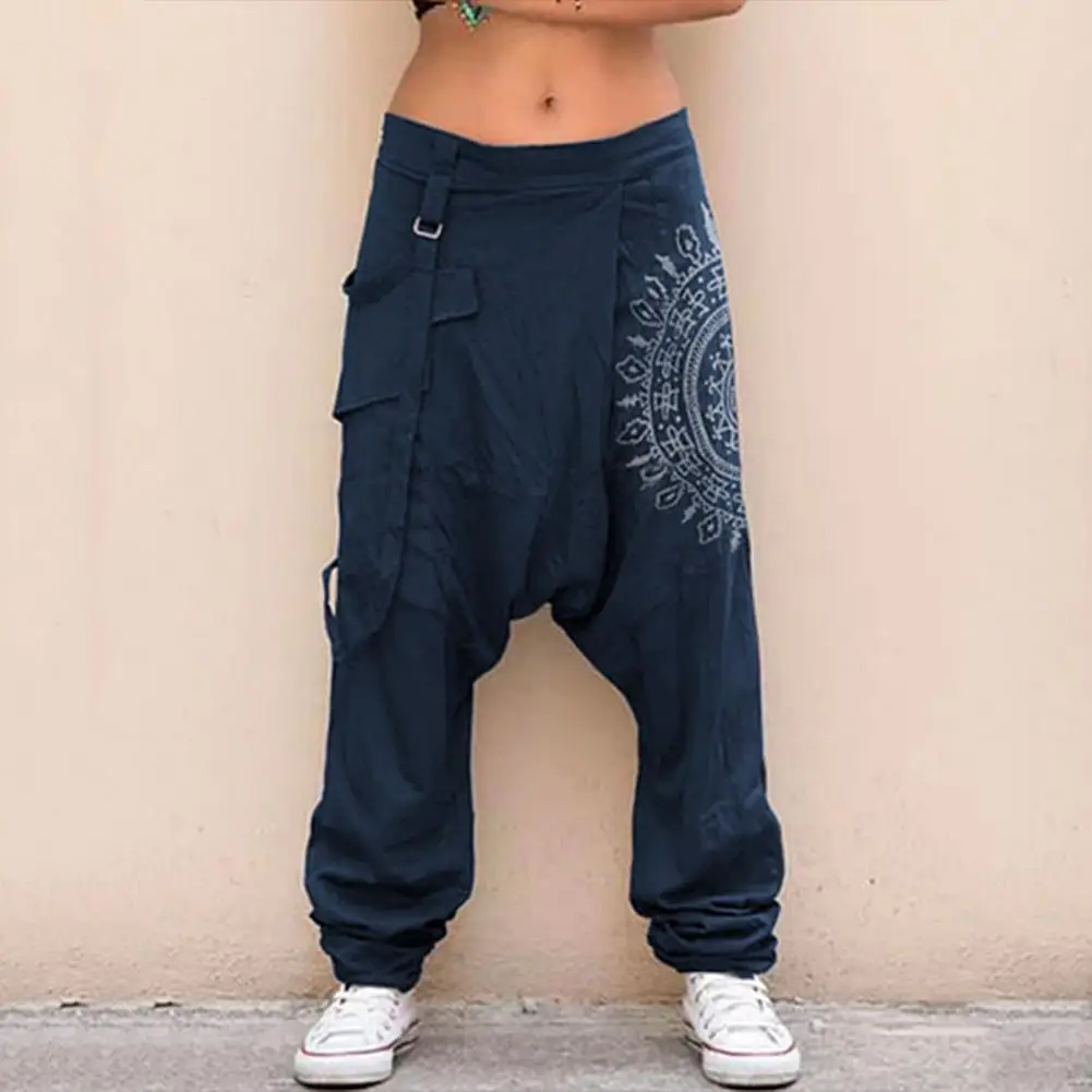 Mens Trousers Hip-hop Casual Low Rise Drop Crotch Retro Print Saggy Baggy Trousers Loose Harem Pants Elastic Streetwear