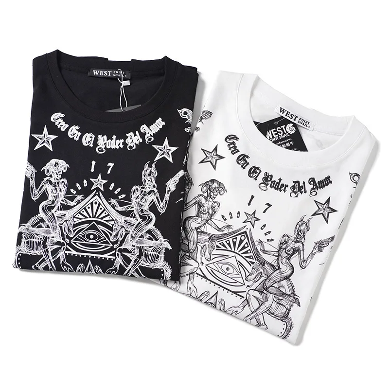 تي شيرت قطني محبوك للرجال ، تي شيرت غير رسمي مطبوع للرجال ، تي شيرت هيب هوب للجسم برذاذ مباشر ، جمجمة ونجمة ، تي شيرت بأكمام قصيرة برقبة دائرية 2020