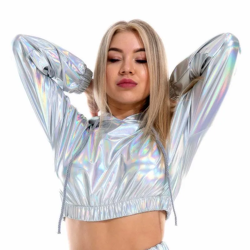 Sexy Cropped Holographic Hoodies Women Shiny PU Metallic Hoody Long Sleeve Short Sweatshirt with Drawstring Pullovers Streetwear