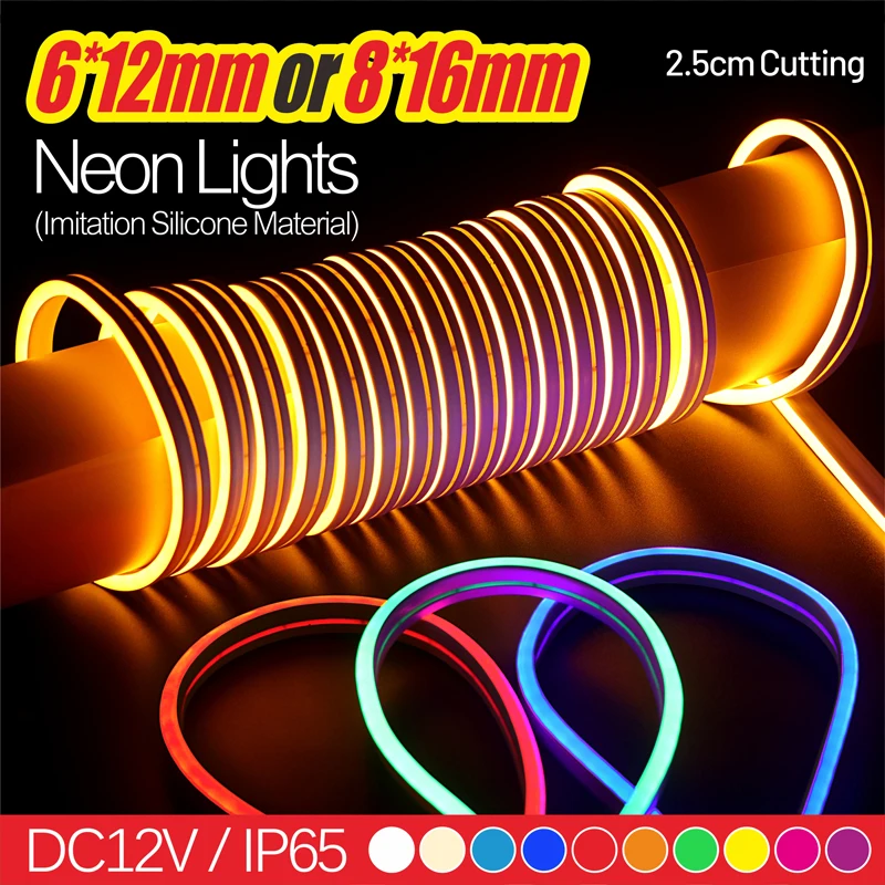 6*12mm or 8*16mm 5m Neon light DC12V LED Strip SMD2835 Flexible Rope Tube IP65 for DIY Christmas Holiday Decoration Light