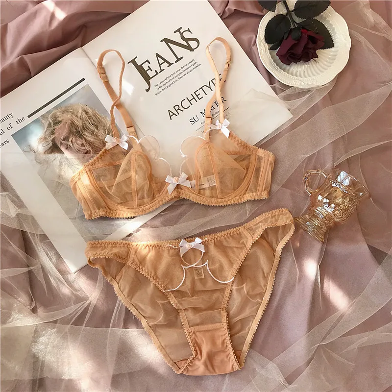 Sexy flower petals ultra-thin mesh lace lingerie set underwire gathered underwear transparent bralette comfortable women bra set