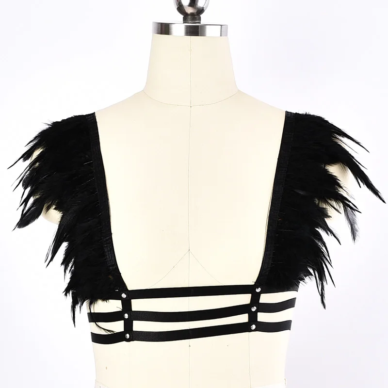 

Epaulette Vest Festival Feathers Harness Costume Burning man Shoulder wings Harness Bra Unisex Top Halter Dance Rave