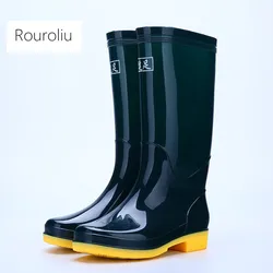 Rouroliu Women Solid Color Tall Rainboots Waterproof Water Shoes Wellies Non-Slip Hard-Wearing Warm Rain Boots Woman RB25