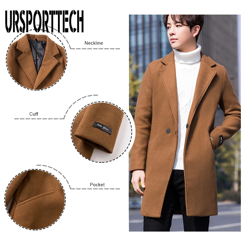 Autumn Winter Mens Wool Coat Fashion Middle Long Turn Down Collar Cotton-padded Thick Warm Woolen Coat Male Trench Coat Overcoat