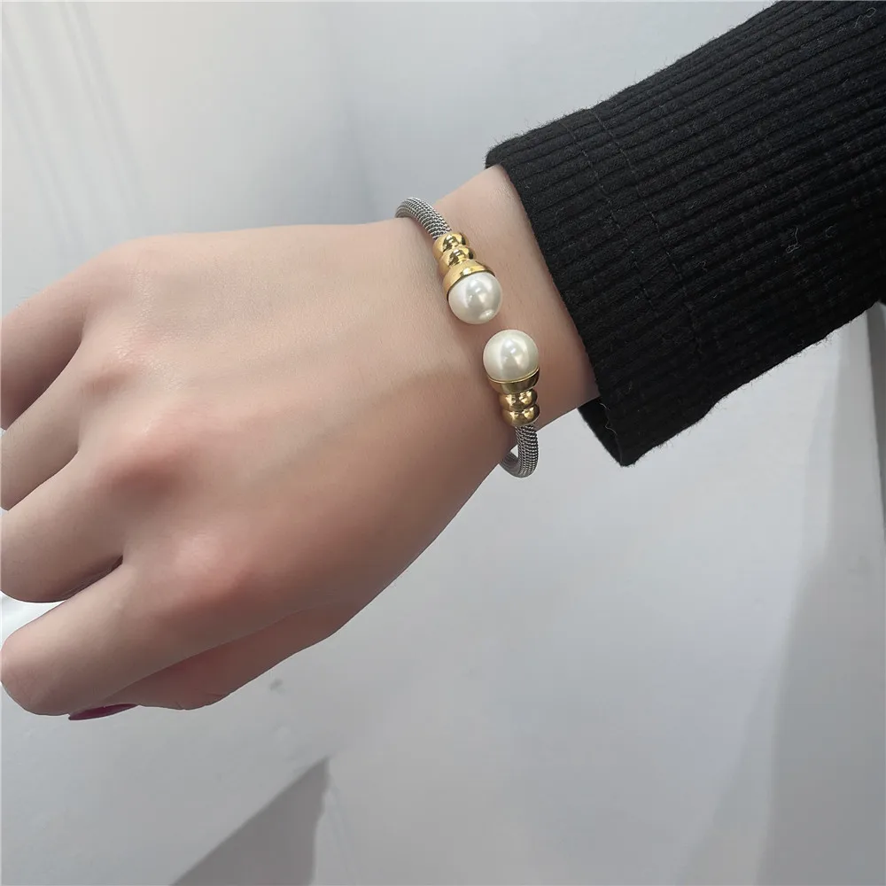 New Brand Bangle No Fade Gold Color Stainless Steel Bangle Jewelry Inlay Pearl Beaded Women Open Cuff Bangles Bracelets