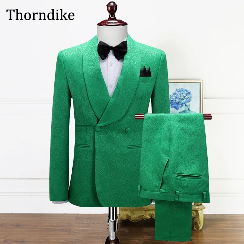 Thorndike New Three Pieces Set Men Suits For Wedding Party Custom Made Shawl Lapel Green Jacquard Groom Tuxedos Double Breasted