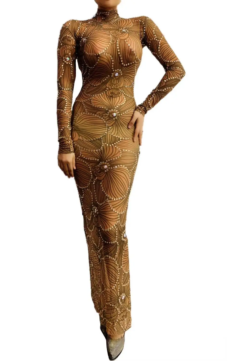 New Women Stage Outfits Shiny Rhinestone Printing Mesh Perspective Singer Crystal Sexy Evening Party Celebration Prom Club Dress