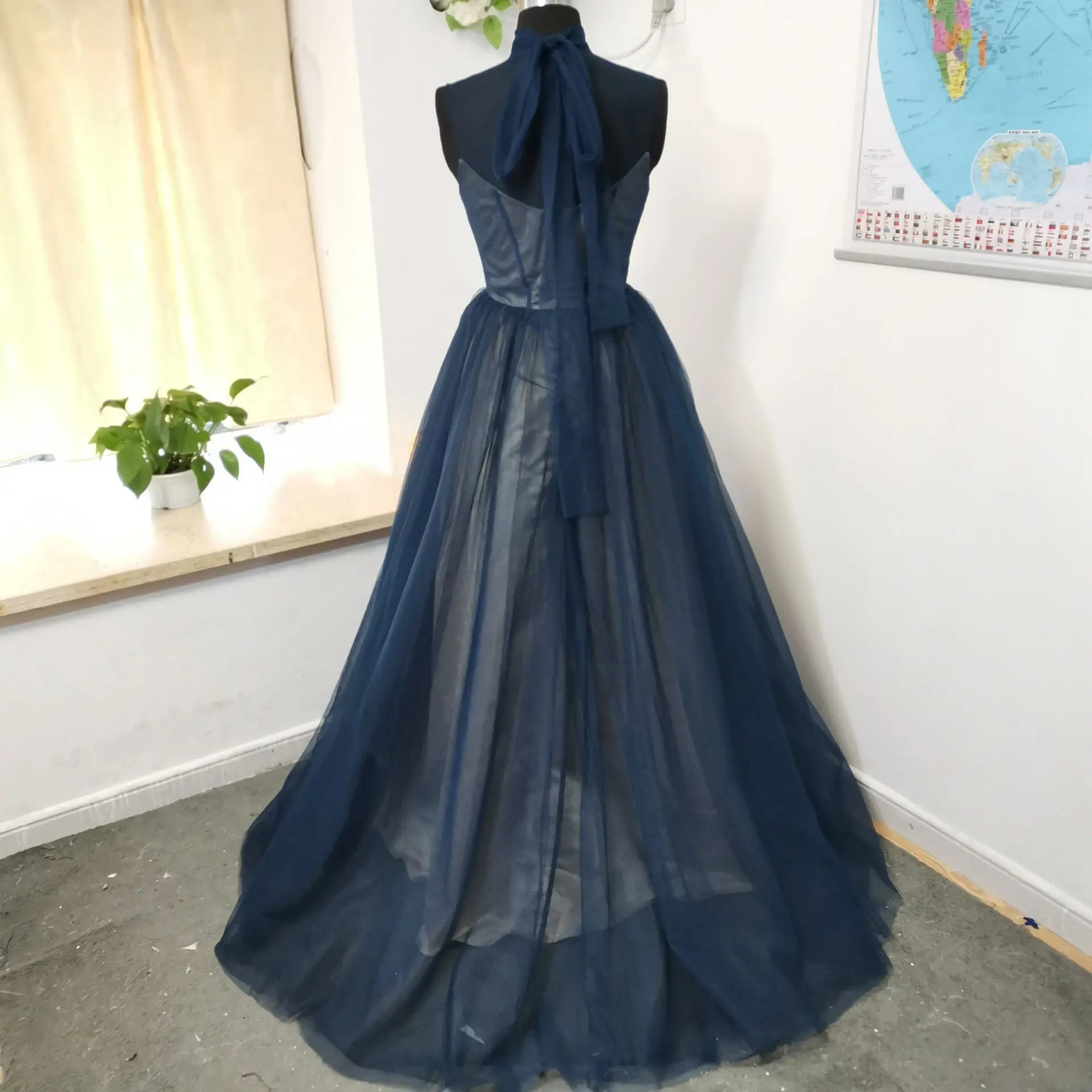 Myyble Elegant Real Photo Navy Blue Prom Dresses 2021 Noble Hoge Hals Sexy A-lijn Lange Formele Party Jurken Vestido Longo festa