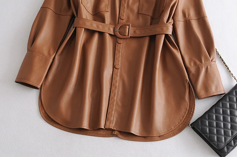 2021 marke Faux Weiche Lederjacken Mäntel Dame Khaki einreiher Pu Shirt Neue Herbst Winter Casual Langarm Tops bluse