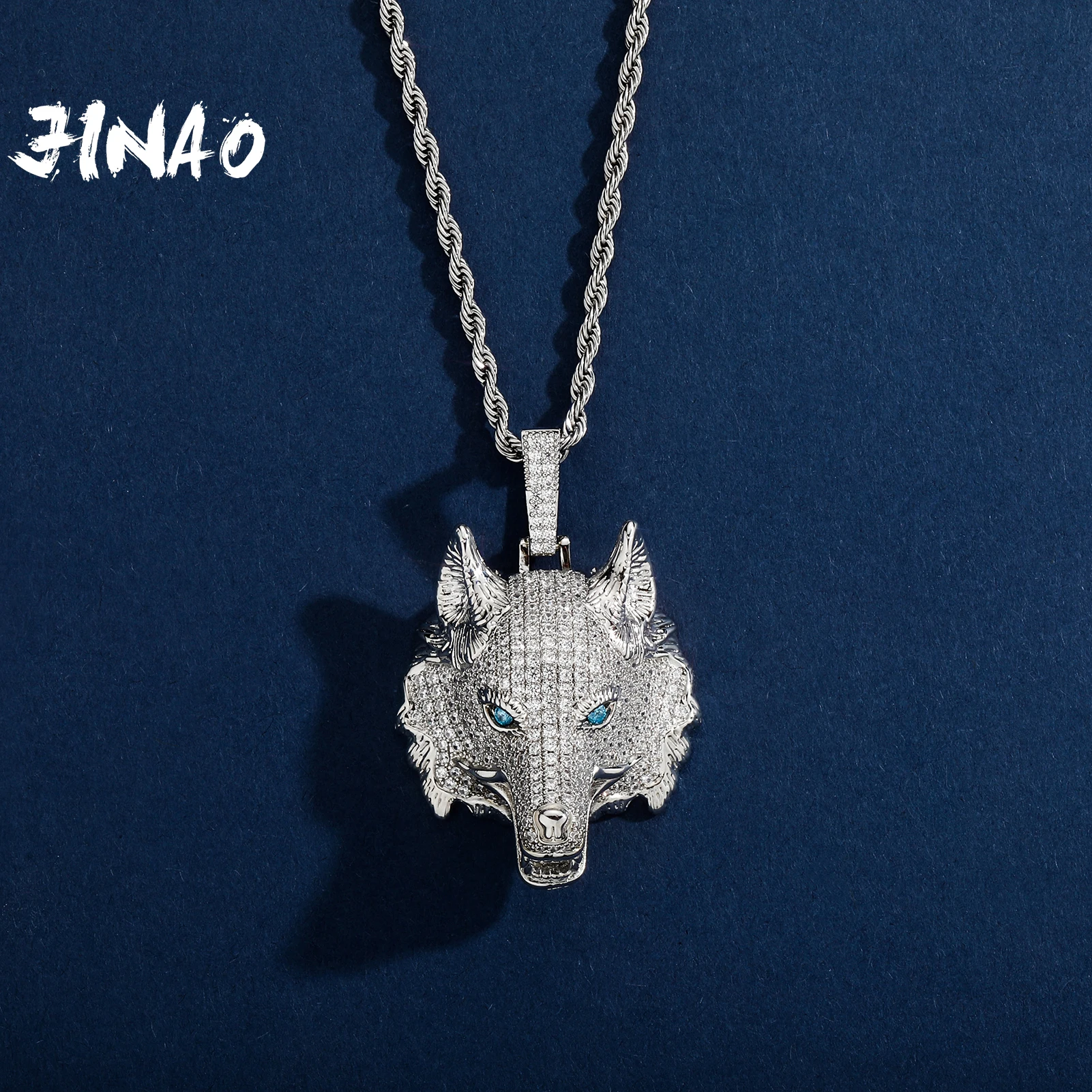 JINAO 2021 NEW Blue Eyes Wolf Head Pendant With 4mm Tennis Chain High Quality Personality Iced Out AAA+ CZ Pendant&Necklace