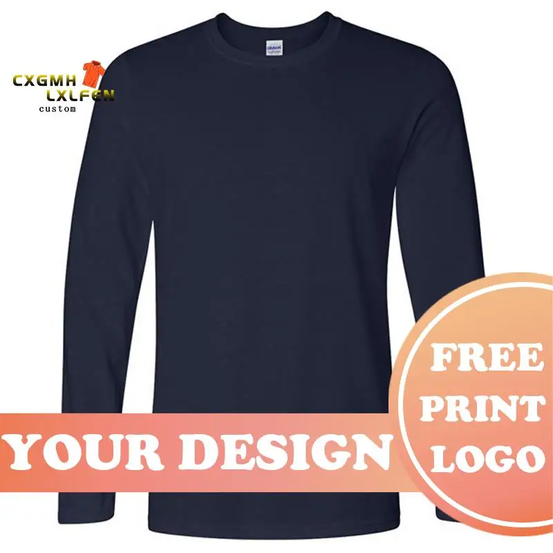 Custom logo cotton t-shirt Spring/autumn men T-shirt home men\'s long sleeved O-neck solid color casual T-shirts USA size XS-2XL