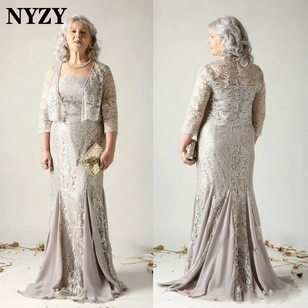 

M374 NYZY Elegant with 3/4 Sleeves Coat 2 Piece Mother of the Bride Lace Dresses 2021 Silver Wedding Party Dress Evening Gown