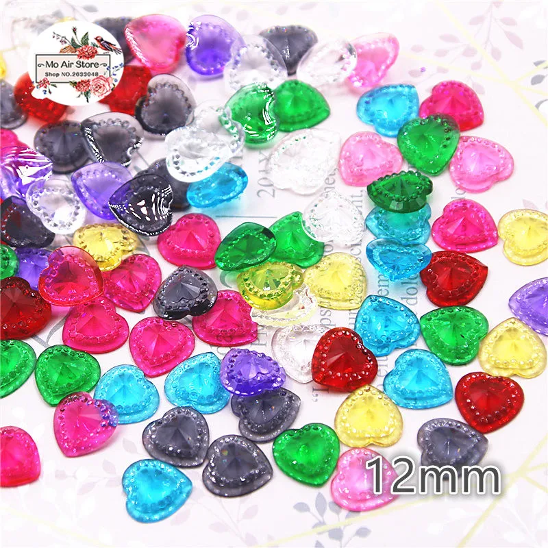 100pcs transparent mix color heart resin rhinestone Flat back Cabochon Art Supply Decoration Charm Craft DIY 12mm no hole