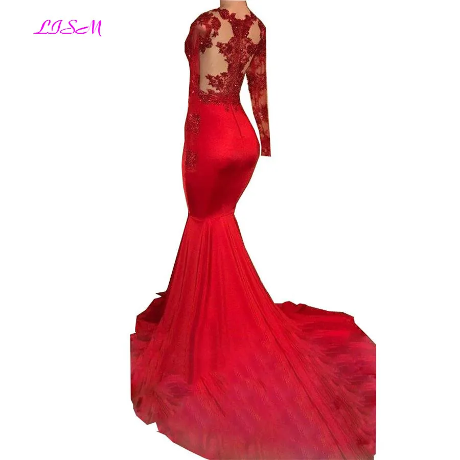 Long Sheer Mermaid Evening Dresses Red Beaded Appliques Satin Prom Party Gowns Sexy Long Formal Dress Vestido De Festa