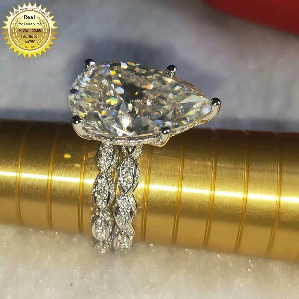 

10K Au417 Gold Ring 10Carat DVVS Moissanite Diamond Ring Pear a set of ring Wedding Party Engagement Anniversary Ring Trendy