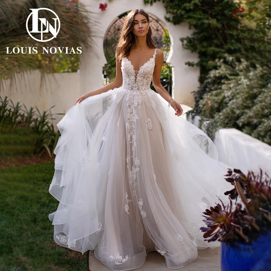 LOUIS NOVIAS Beach Wedding Dresses For Women Backless Bridal Beaded Appliques Spaghetti Straps V-Neck A-Line Vestidos De Novia