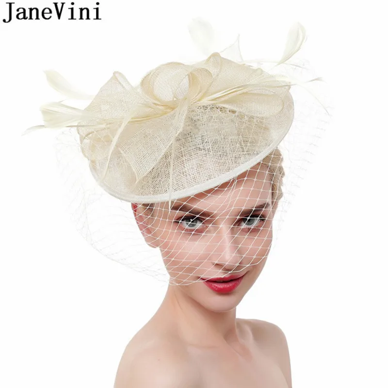 JaneVini-gorros de boda para mujer, tocado elegante de malla con plumas, color azul marfil, Haarschmuck