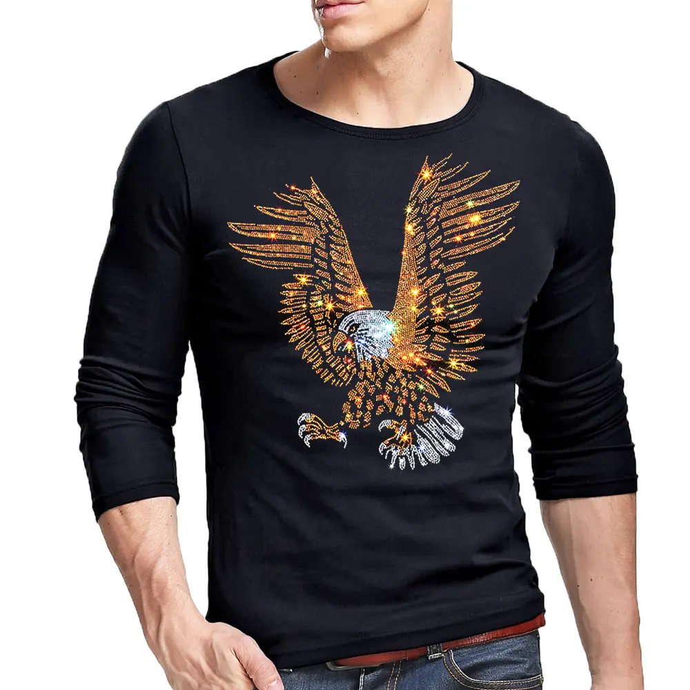 England Style Fancy Tshirt Man Diamond Print Long Sleeve T-shirt Men\'s Fashion Summer Rhinestone Eagle Design Bottom T Shirts