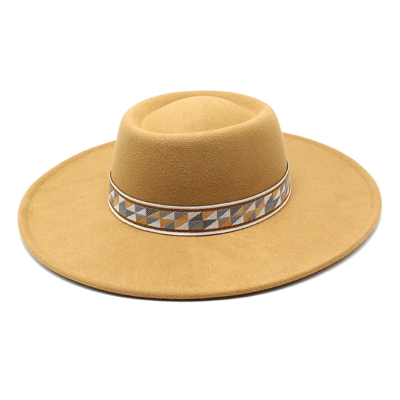 Herbst Winter Wollfilz Fedoras Hut 9,5 CM Breite Krempe Jazz Hüte Für Frauen Britischen Stil Flache bowler Kirche Kleid hüte – Detail 7