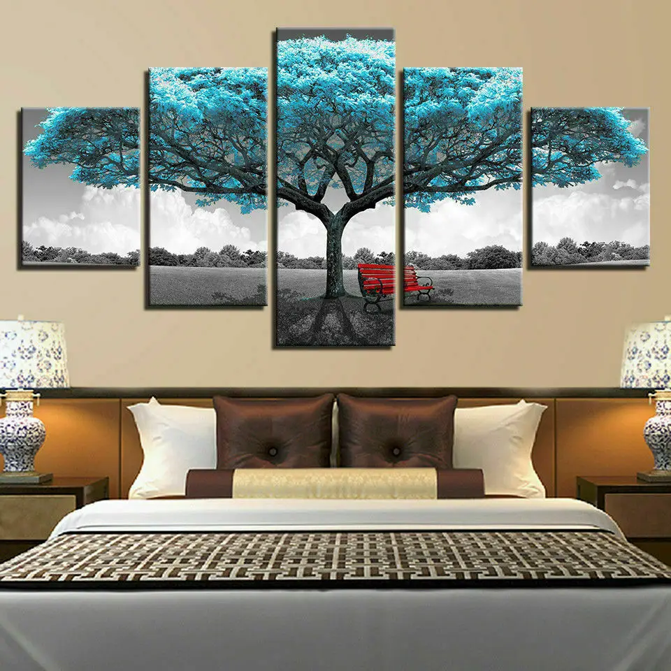 

No Framed Canvas 5Pcs Romantic Blue Tree Red Chair Wall Art Posters Pictures Home Decor Paintings Decorations