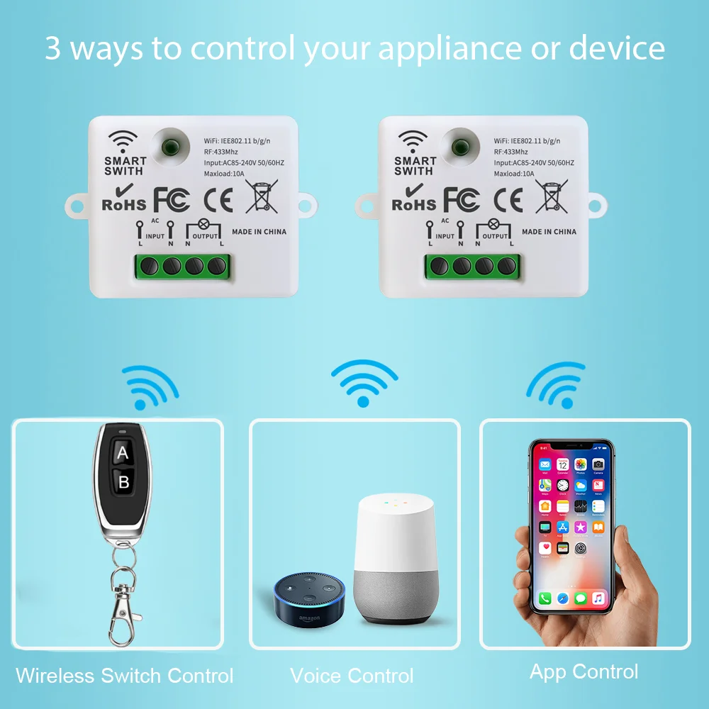 433Mhz รีโมทคอนโทรลไร้สาย AC220V WIFI Mini Light RF รีเลย์โมดูลทำงานร่วมกับ Tuya Smart Life APP Google home