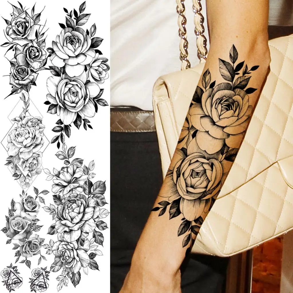 Preto realista rosa flor antebraço tatuagens temporárias para mulheres  adulto geométrico peônia falso tatuagem antebraço à prova dwaterproof água  tatoo papel / Tatuagem e arte corporal, image size:1024x1024