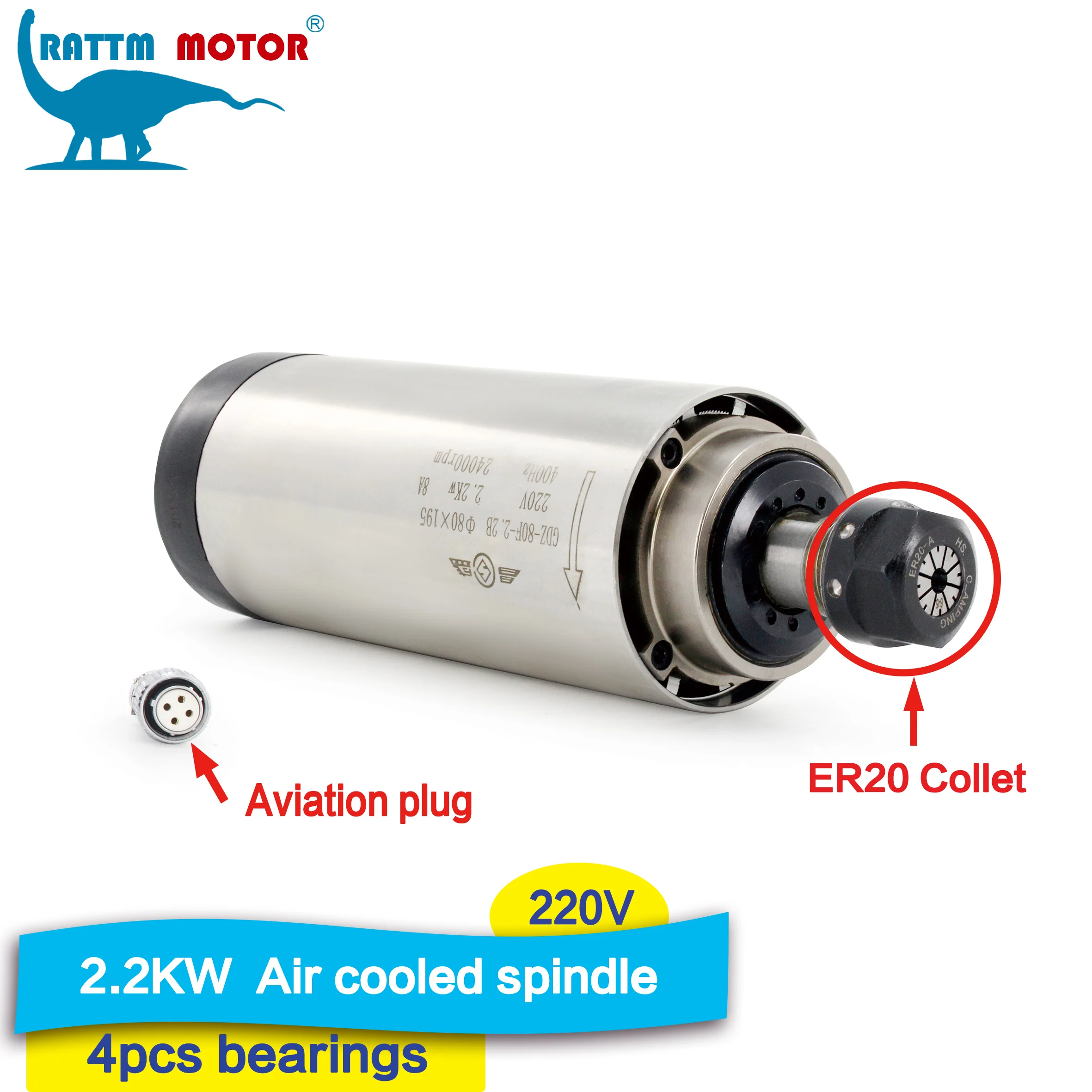 【EU Free Tax】CNC Spindle Motor Kit 2.2KW Air cooled 24000RPM 4Bearing 80mm & 2.2KW HuanYang Inverter & 80mm Clamp & Collets