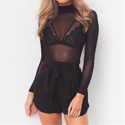 New Summer Women Sexy Blouse Long Sleeve Stand Neck Mesh See Through Top Transparent Blouse Black Pink