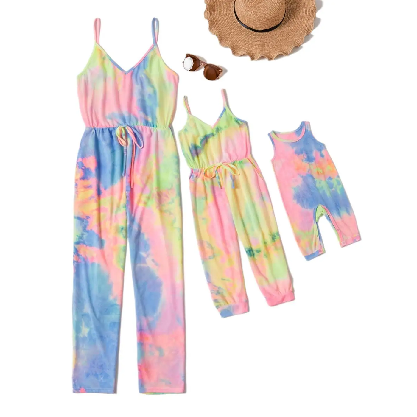 Summer Tie-dye V-neck Sling Jumpsuit Trousers family matching clothes  mommy and daughter matching clothes  Summer  Print