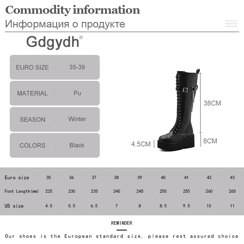 Gdgydh High Quality Women Long Boots Knee High Shoes Chunky Heels Autumn Winter Brand Designer Platform Boots Belt Buckle Chain