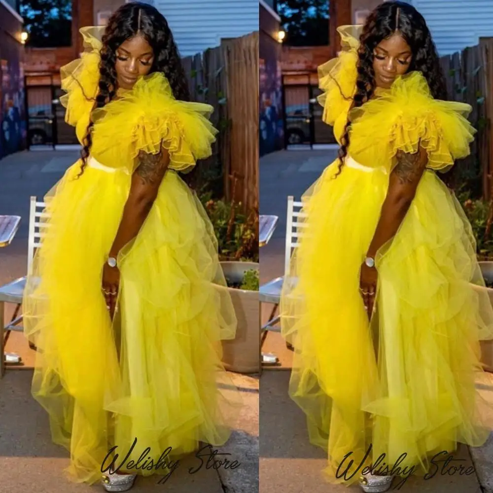 High Street Style Yellow Ruffle Tulle Dress 2020 Side Split Puffy Tulle V-Neck Long Floor Length Women Dress Party Prom Gowns