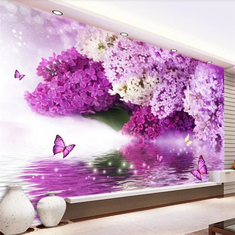 

wellyu Customized large murals fashion home decoration purple flowers hydrology reflection butterfly background wallpaper