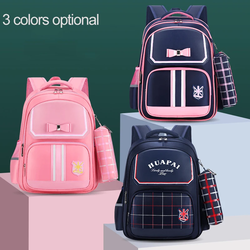 Girls Waterproof PU Schoolbag with Bowknot Primary Mochila Infantil Orthopedic Kids Backpack with Pencil Case